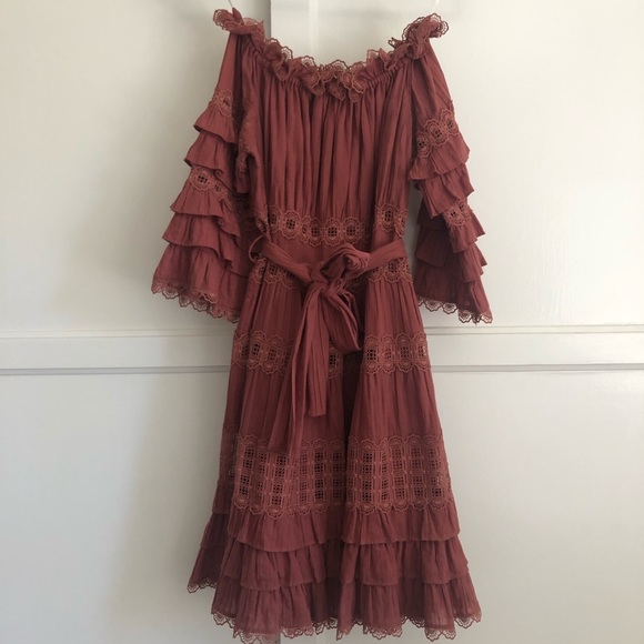 Zimmermann Ruffled Lace Mini Dress in Rust - Picture 1 of 8